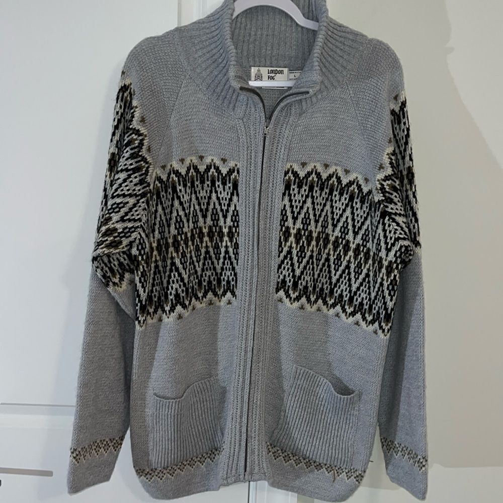 London Fog vintage zip front gray woven Geometric L sweater 80's 90"s pockets
